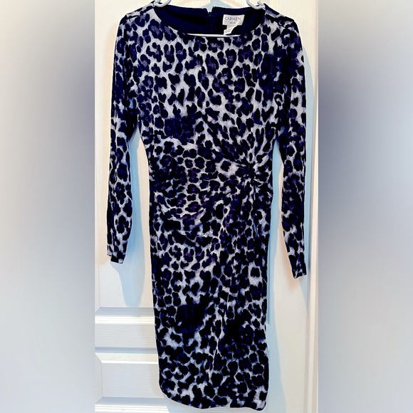 Carmen Marc Valvo Long Sleeve Ruched Bodycon Black Leopard Dress ZB1 - Picture 2 of 9